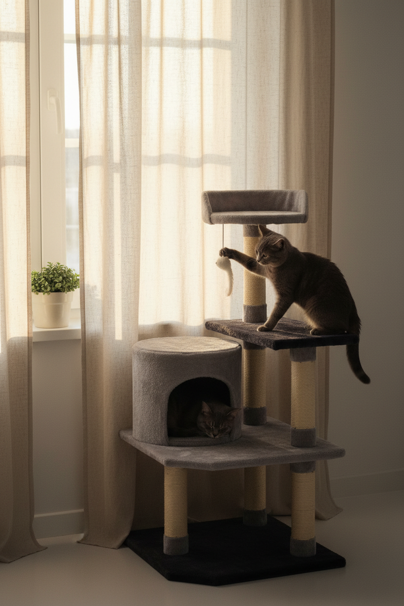 PawHut 100cm – Chat jouant avec le jouet suspendu, lumière dorée matinale