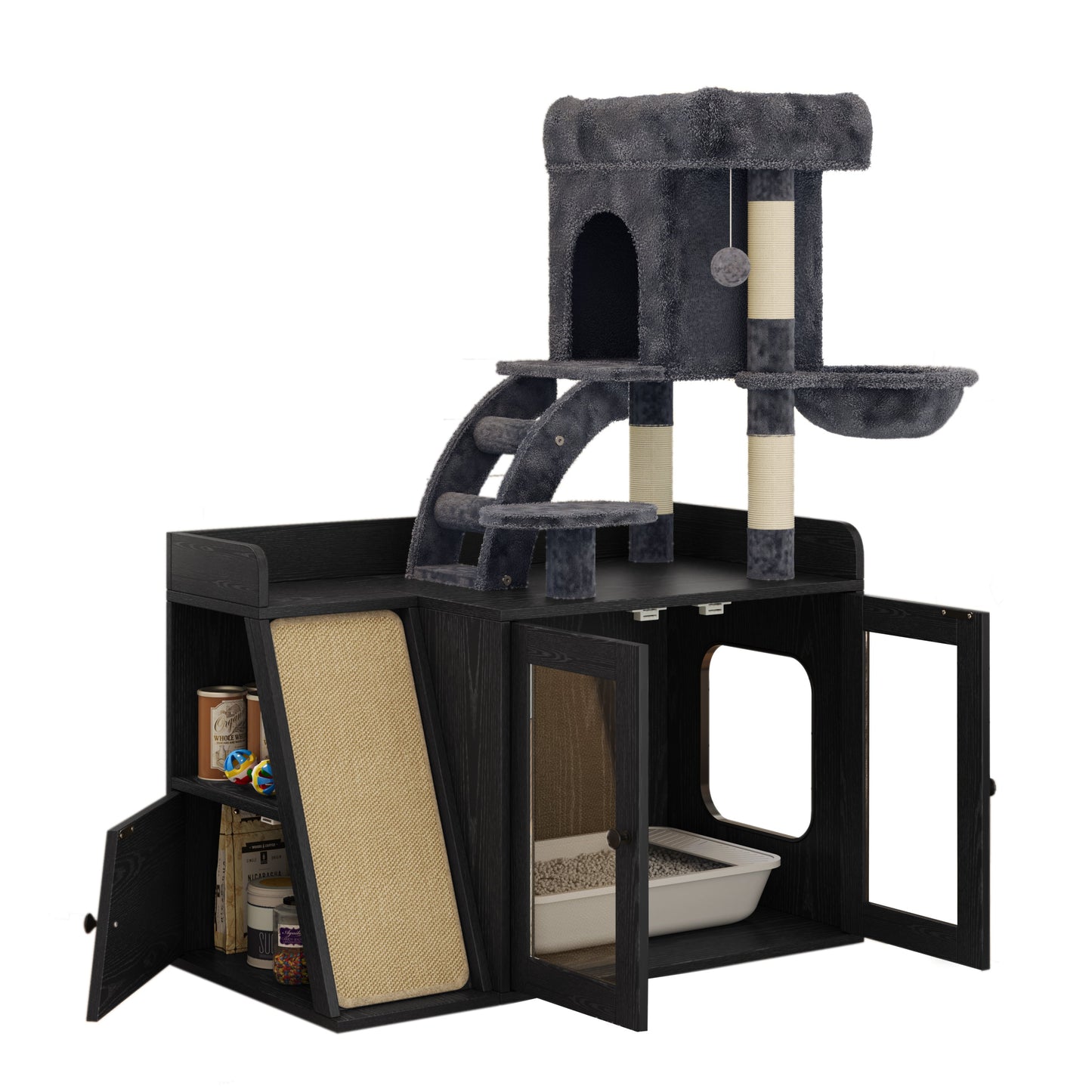 Meuble Cache-Litière avec Arbre à Chat & Lumière LED