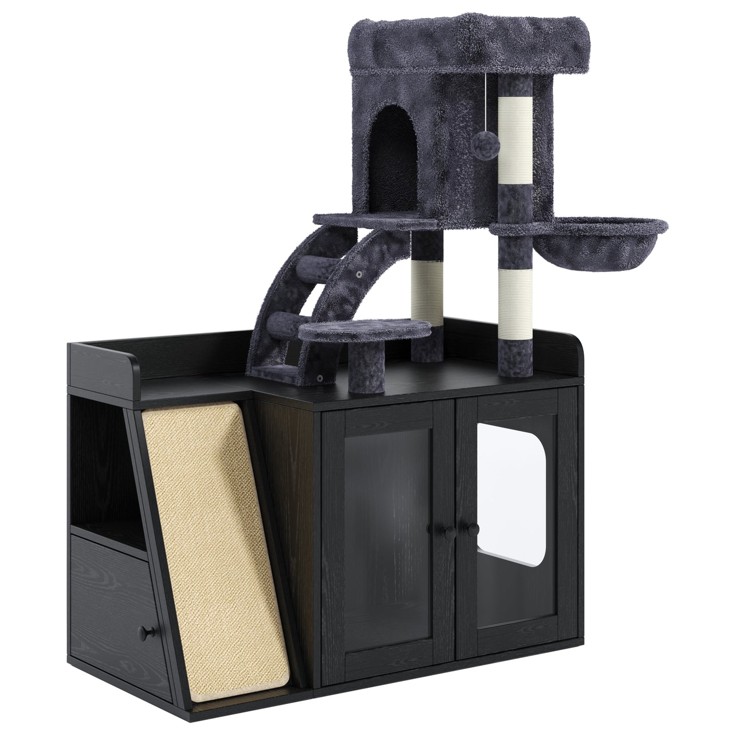 Meuble Cache-Litière avec Arbre à Chat & Lumière LED