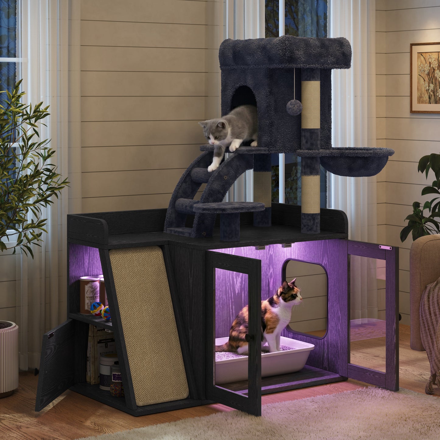 Meuble Cache-Litière avec Arbre à Chat & Lumière LED