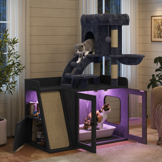 Meuble Cache-Litière avec Arbre à Chat & Lumière LED
