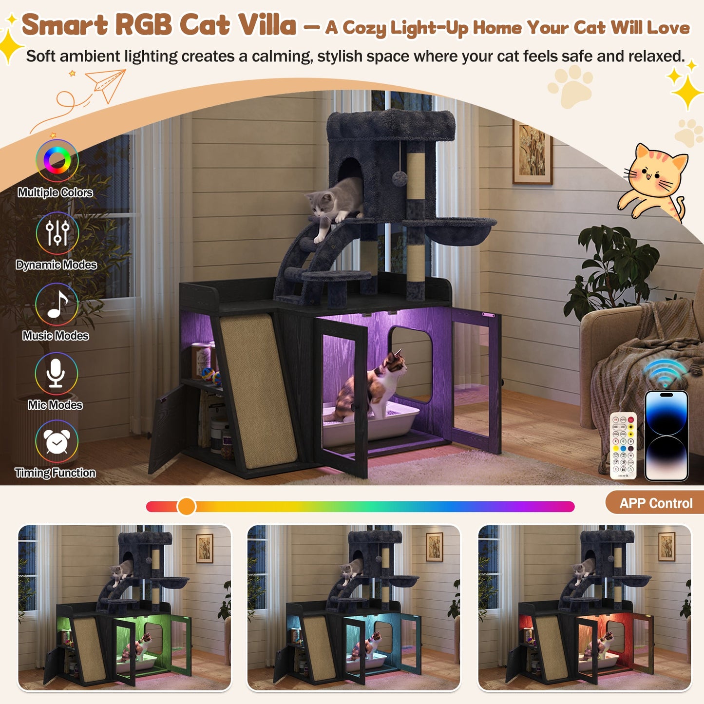 Meuble Cache-Litière avec Arbre à Chat & Lumière LED