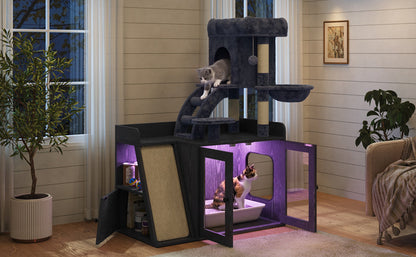 Meuble Cache-Litière avec Arbre à Chat & Lumière LED