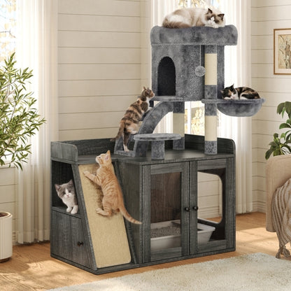 Meuble Cache-Litière avec Arbre à Chat & Lumière LED
