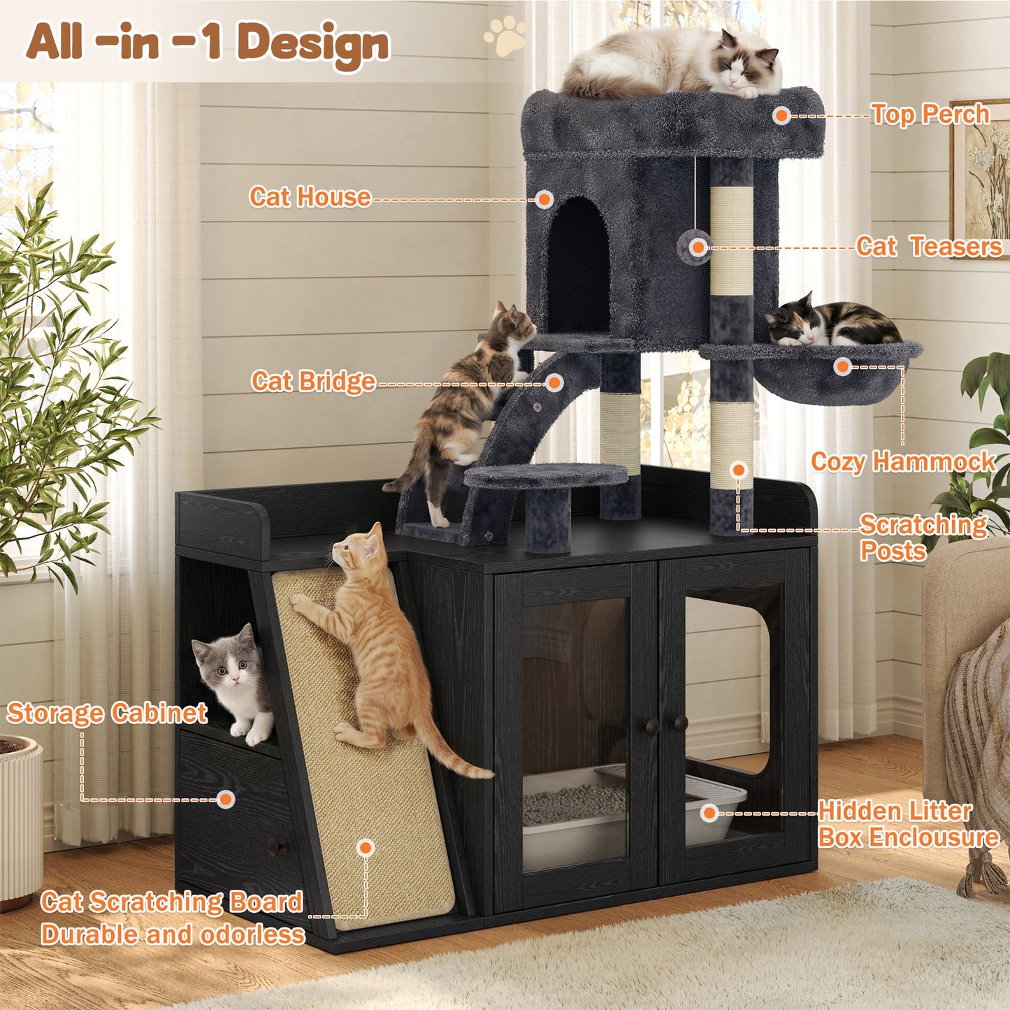 Meuble Cache-Litière avec Arbre à Chat & Lumière LED