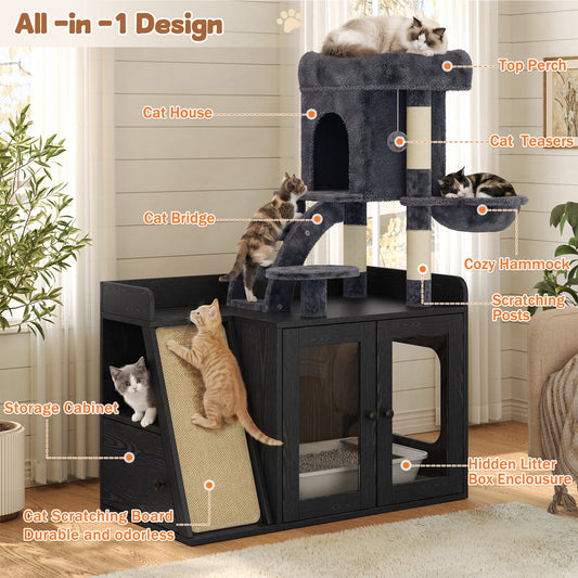Meuble Cache-Litière avec Arbre à Chat & Lumière LED