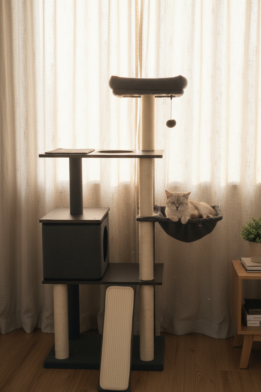 PawHut 147cm – Chat lové dans le hamac, lumière dorée matinale