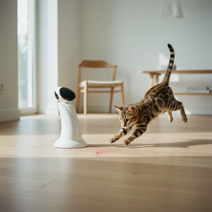 Chat Bengal en saut chassant le point laser rouge